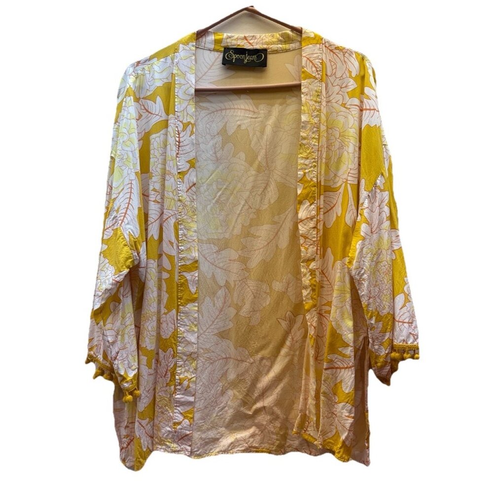 Spoon Jeans Duster Cardigan Fringe Women XL Boho Yellow Orange Pink Leafy Print